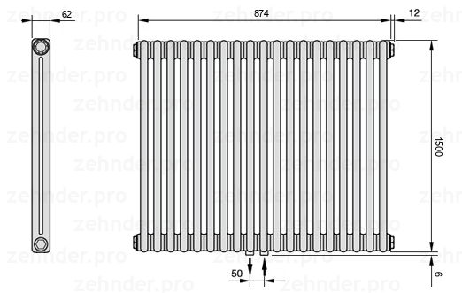 Схема (чертеж) Радиатор Zehnder Charleston 2150/19 №5410 Белый глянцевый RAL 9016
